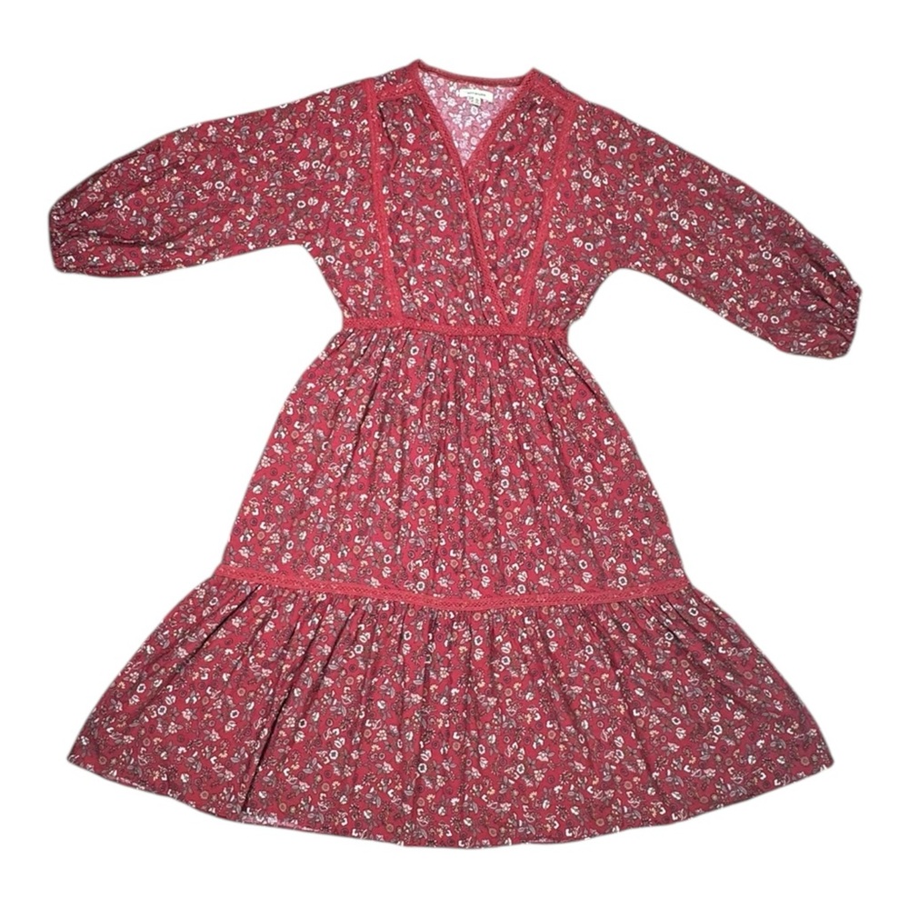 MAX Studio Red Floral Prairie Midi Dress | Romantic Boho Cottagecore Prairie Era